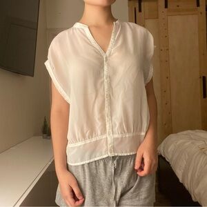 Vintage White Sheer Button Up Blouse with Ruffle Trim
